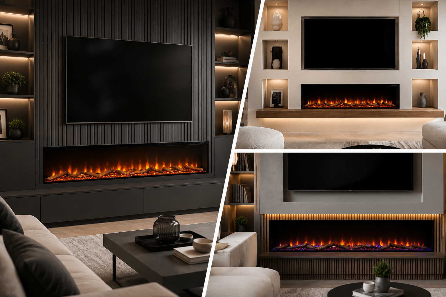 Selection of contemporary media walls with built-in electric fires