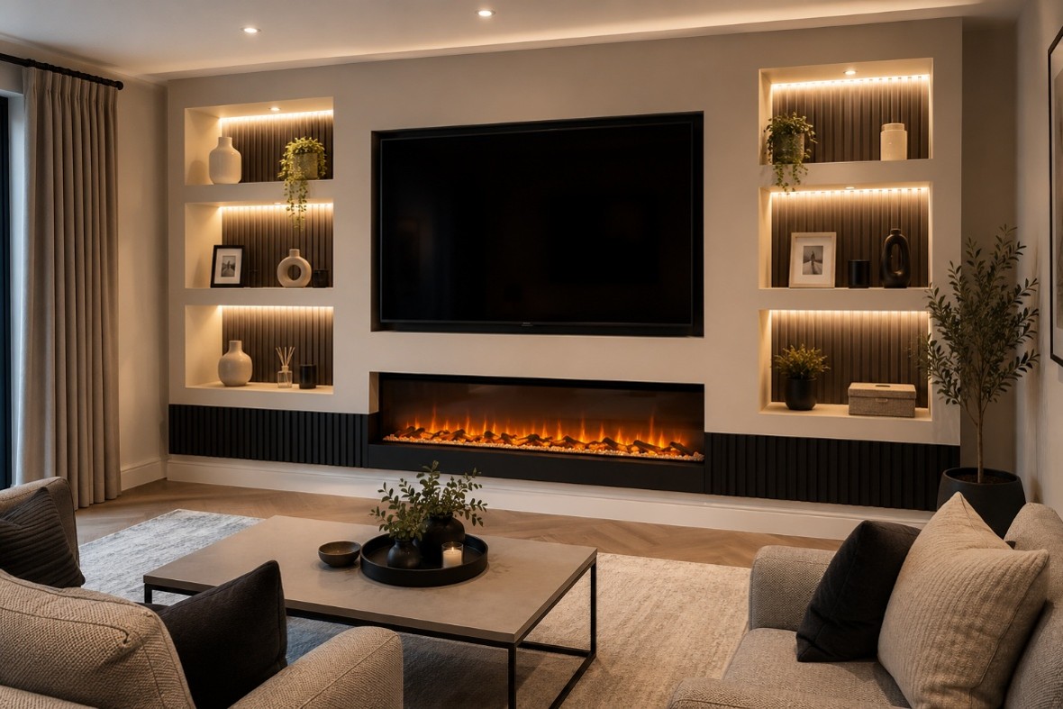 Bespoke media wall with integrated electric fire and television